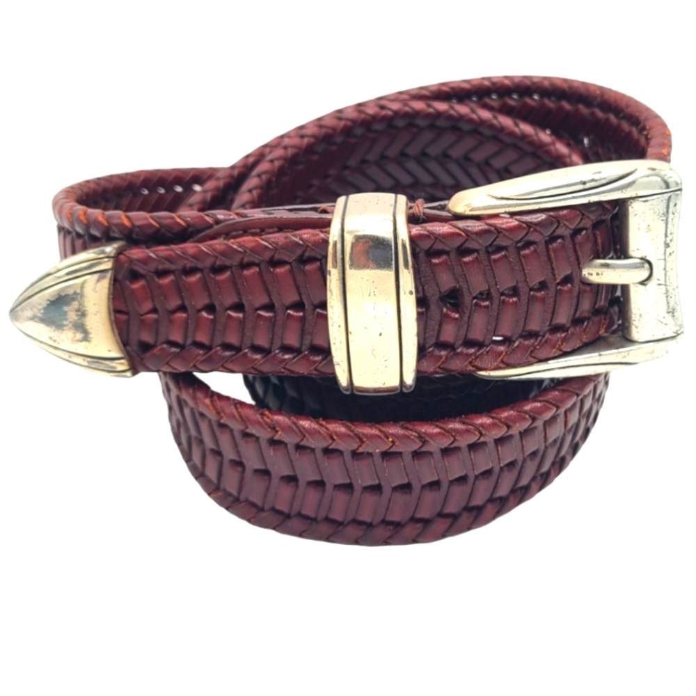 Bill Adler Studio Brown Genuine Leather Belt Woven Braid Silver Hardware Men 36